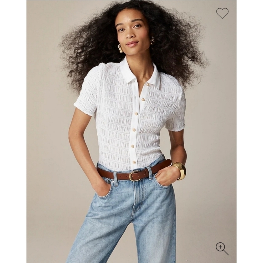 J. Crew Smocked White button-up shirt in cotton-blend voile
